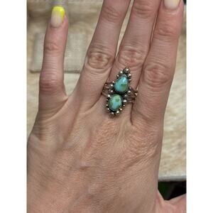 Native American SW Sterling Silver Sonoran Gold Turquoise Double Stone Ring